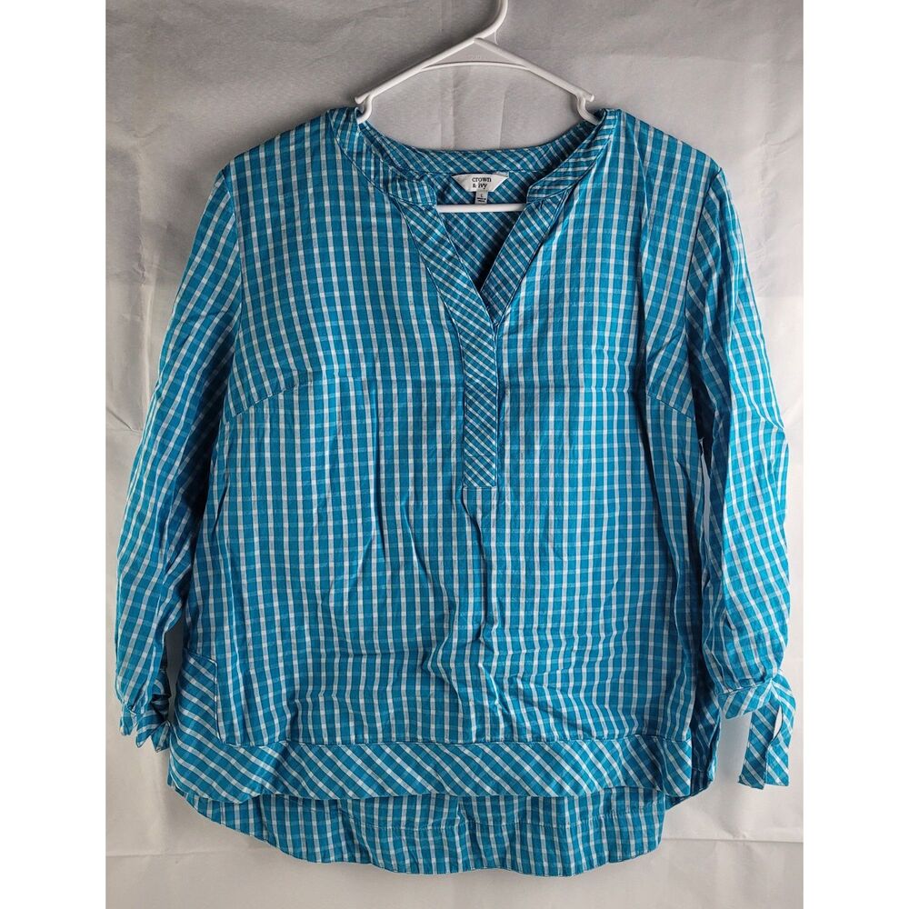Crown & Ivy blue white gingham V-neck blouse Sz L